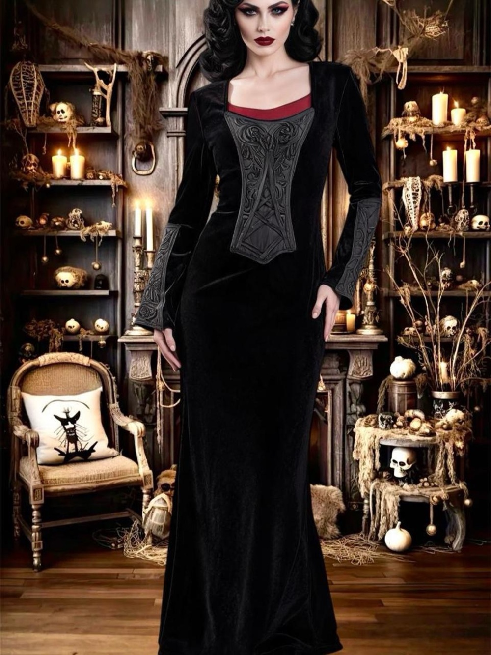 Cykxtees 90s y2k Black Velvet Gothic Maxi Dress iridescent Bodice corset vamp